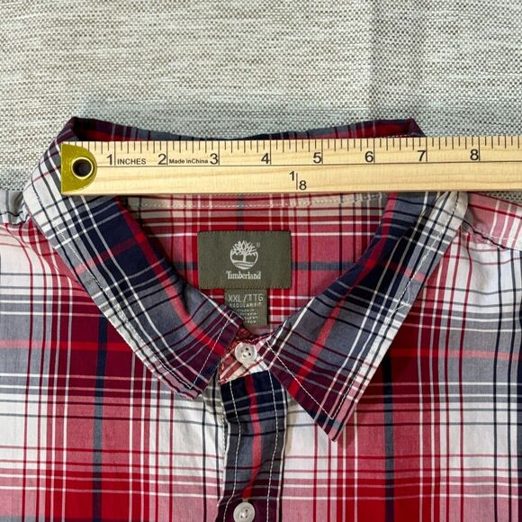 Timberland Mens Red Navy White Long Sleeve Button Plaid Shirt With Pocket Sz XXL - Picture 12 of 14